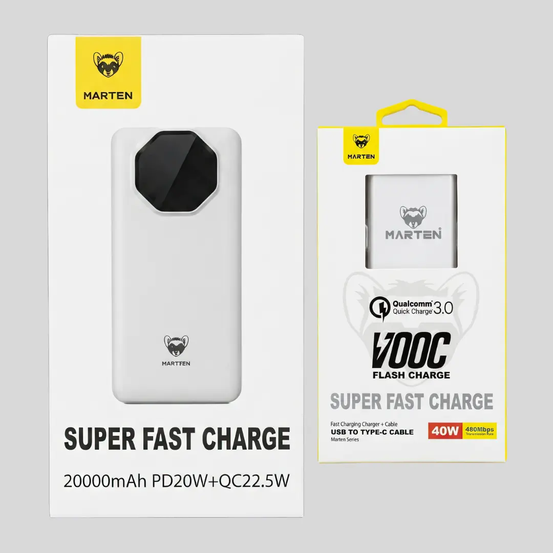 Marten 20000mAh Power Bank with 40W Fast Charger & Cable | Combo Pack