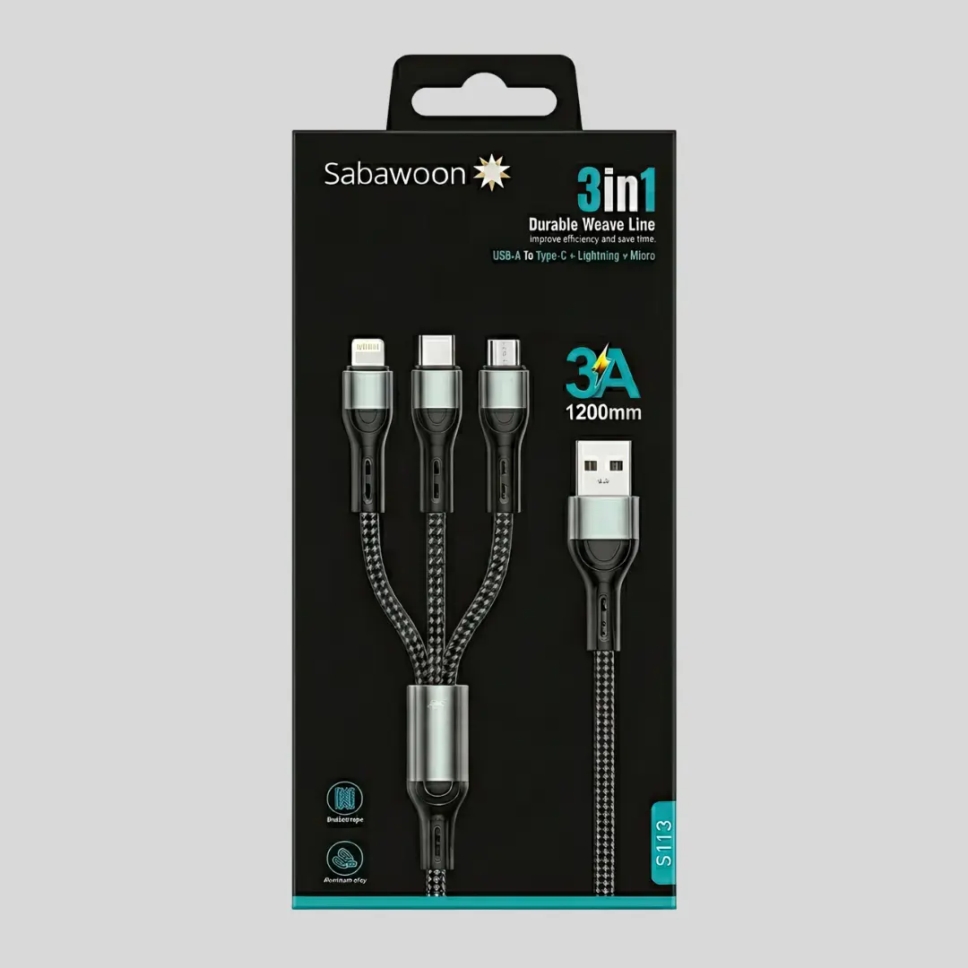 Sabawoon S113 Fast Charging 3‑in‑1 Cable | 3A USB To Type-C, Lightning, Micro