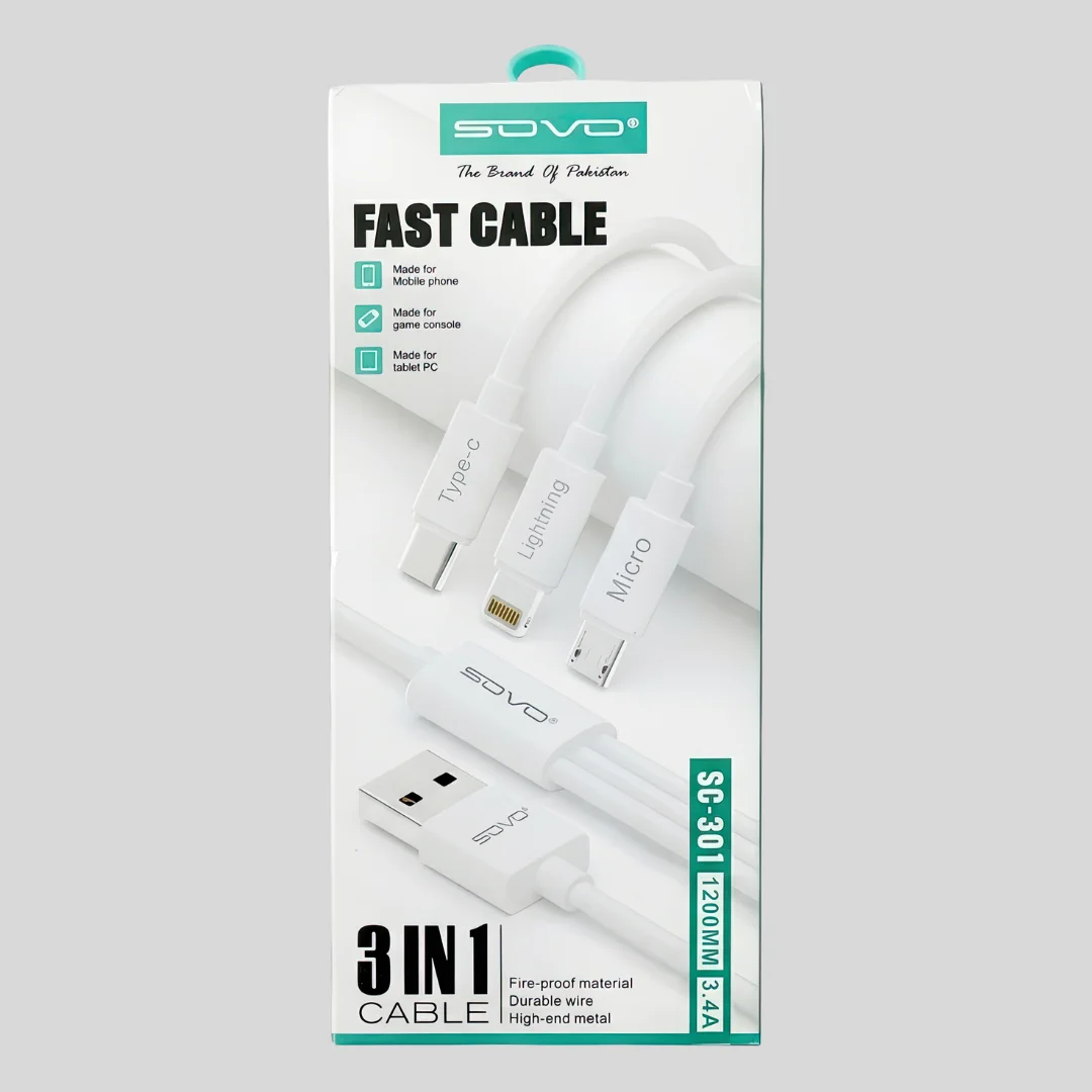 SOVO 3-in-1 Fast Charging Cable – Type-C Lightning & Micro USB (SC-301)