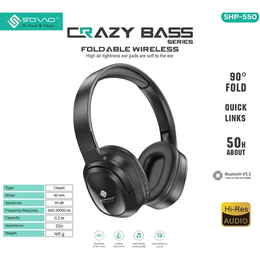 SOVO Crazy-Bass SHP-550 Wireless Headphones ANC-Deep Bass | 50 Hours Long Battery