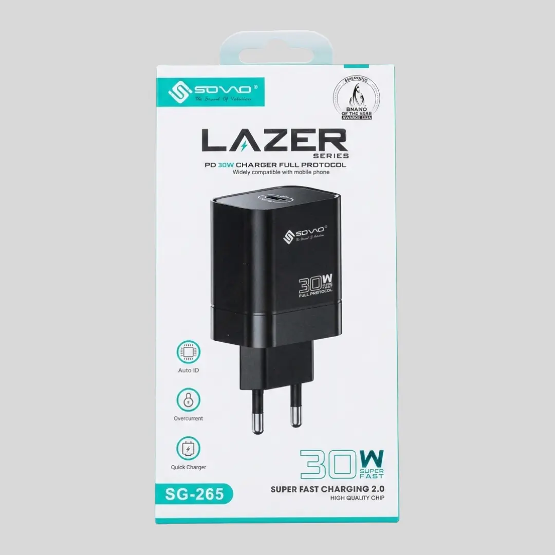 SOVO SG-265 LAZER 30W Super Fast C to C Charger – PD & QC 3.0