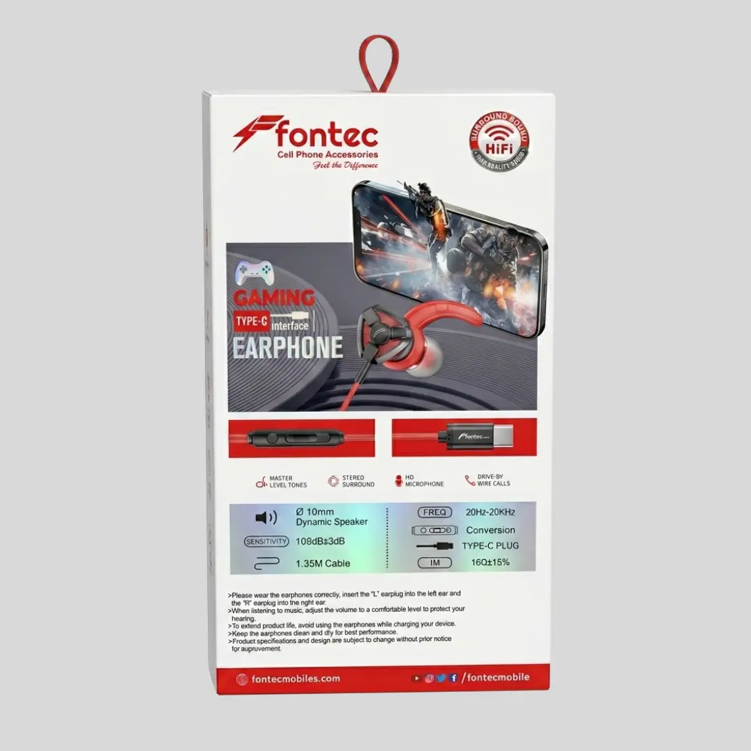 Fontec Arena Type-C Gaming Handsfree with Detachable Mic – HiFi Stereo Surround Wired Earphones