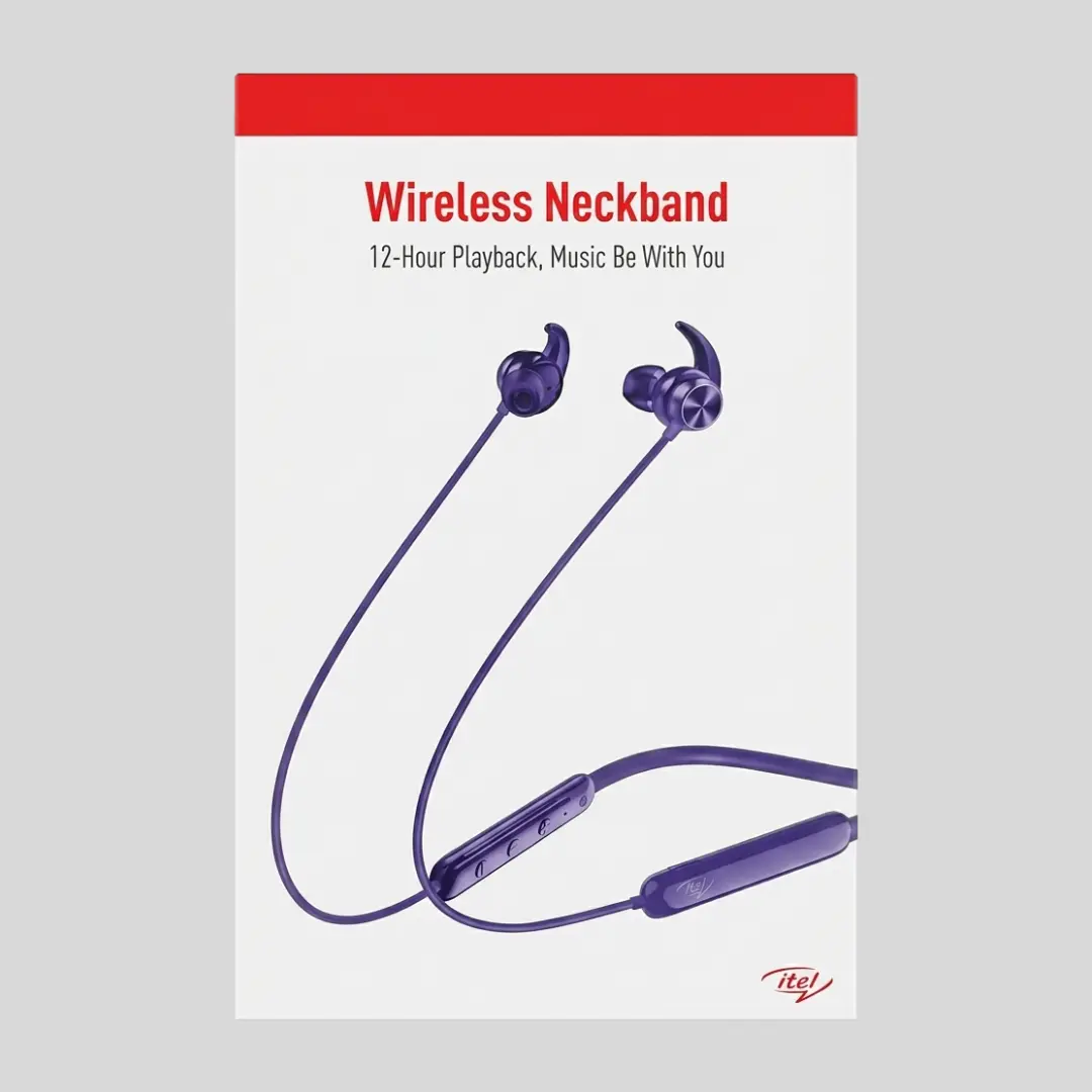 Itel Wireless Neckband N35 – Long Playtime, Bluetooth 5.3, 10mm Bass Boost Drivers & IPX5 Water Resistance (Black)