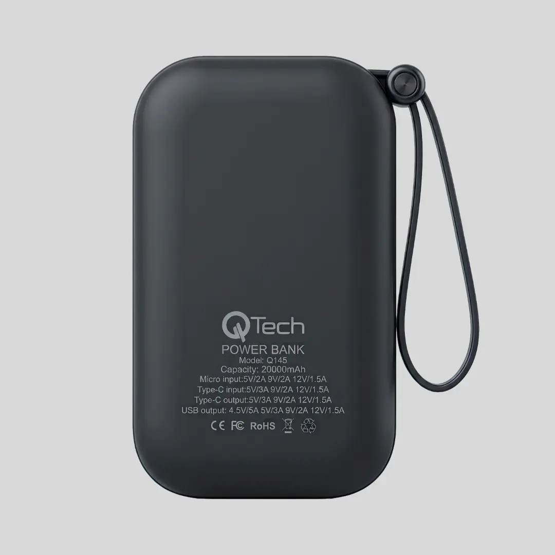 Qtech 20000mAh Mini Power Bank 22.5W Fast Charging, Built-in Cables (Q145)