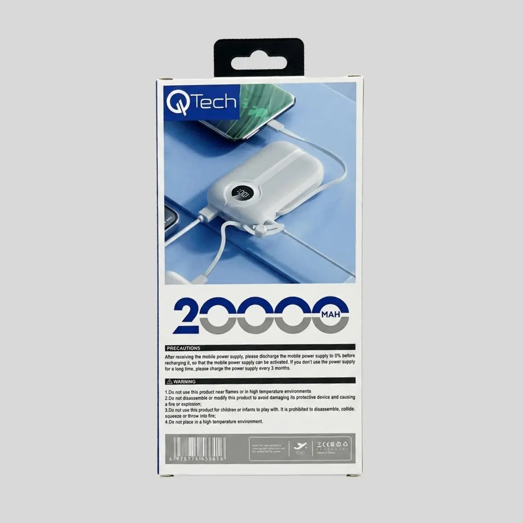 Qtech 20000mAh Mini Power Bank 22.5W Fast Charging, Built-in Cables (Q145)