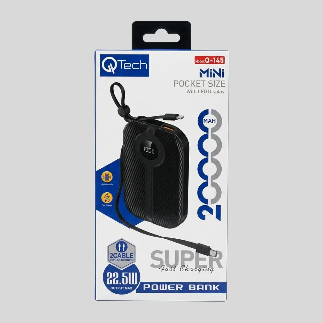 Qtech 20000mAh Mini Power Bank 22.5W Fast Charging, Built-in Cables (Q145)