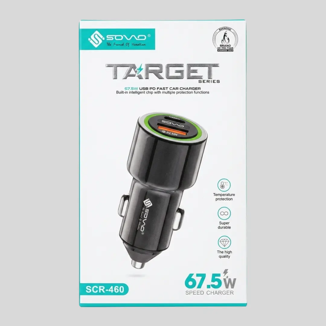 SOVO 67.5W Fast Car Charger SCR-460 with USB-C PD, QC 3.0 & SuperVOOC