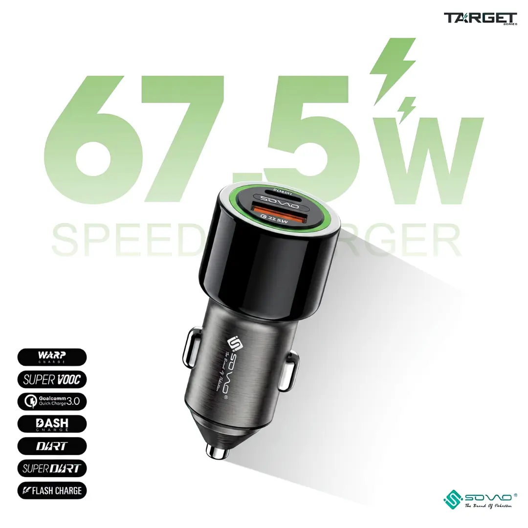 SOVO 67.5W Fast Car Charger SCR-460 with USB-C PD, QC 3.0 & SuperVOOC