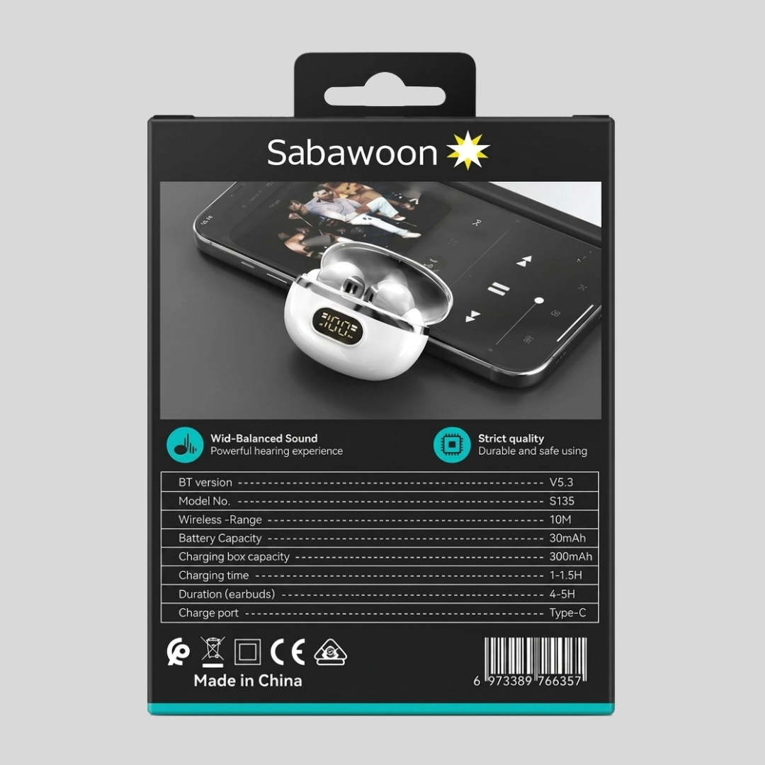 Sabawoon S132 Wireless Earbuds with Smart Digital Display